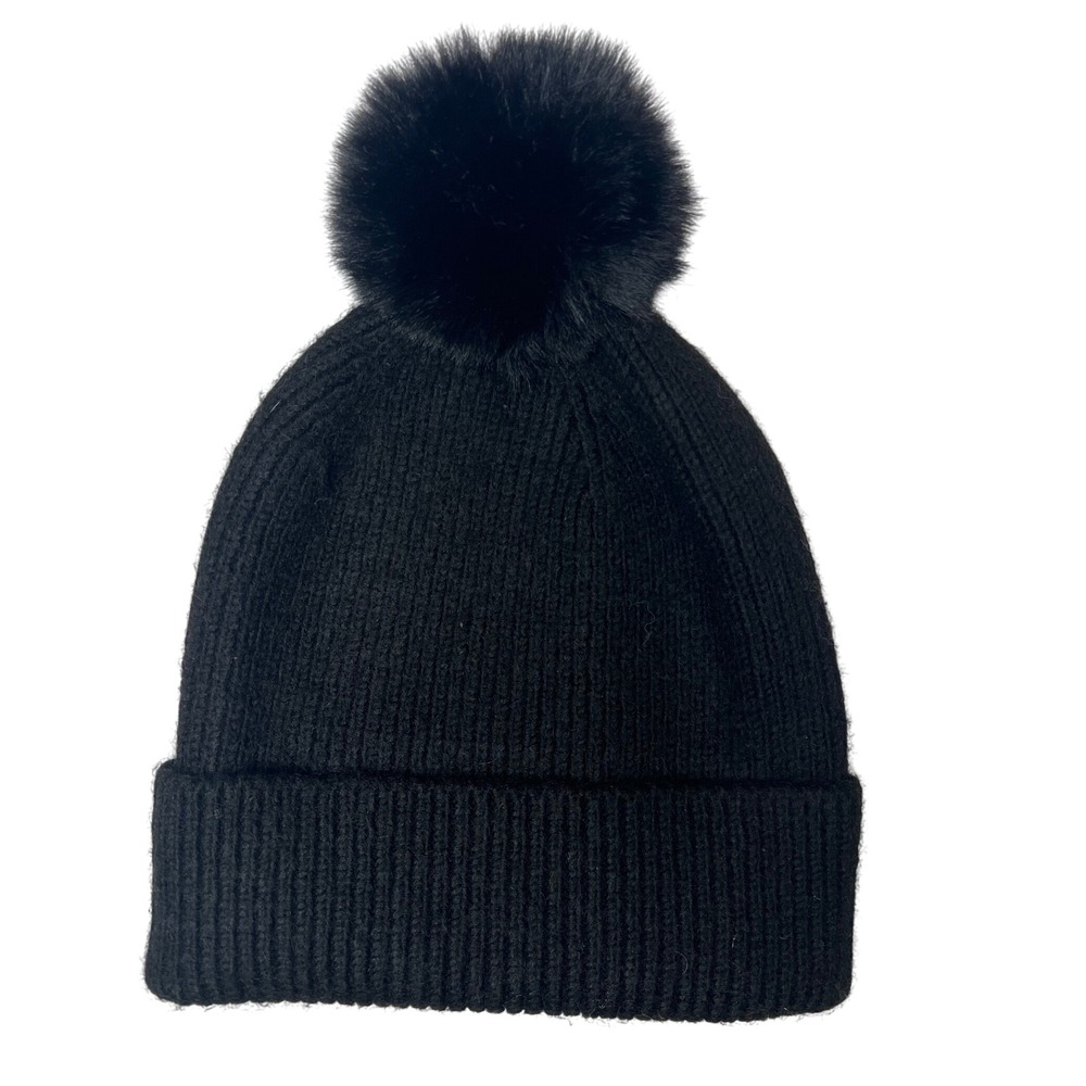 Madden Girl Black Beanie with Faux Fur‎ Pom Pom One Size Knit Winter Hat